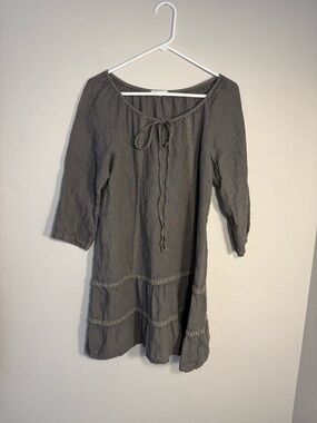 Rosemarine Italy 100% Linen Boho Tiered Mini Dress Charcoal M boho lagenlook